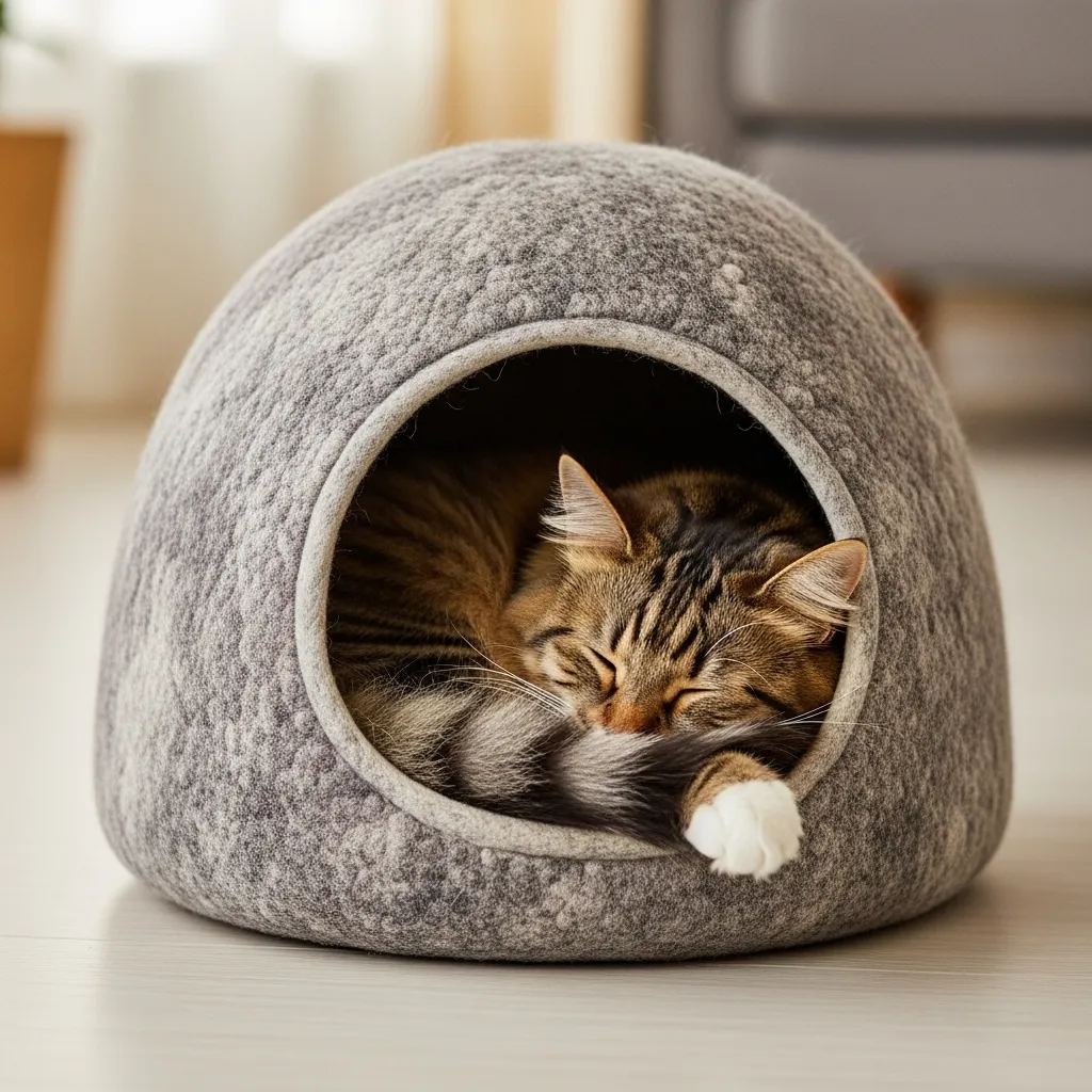 Plush cat cave providing a secure, enclosed resting spot.