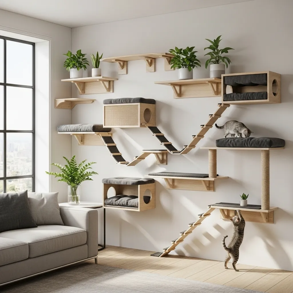 Stylish wall-mounted cat shelves creating vertical highways for climbing and perching.