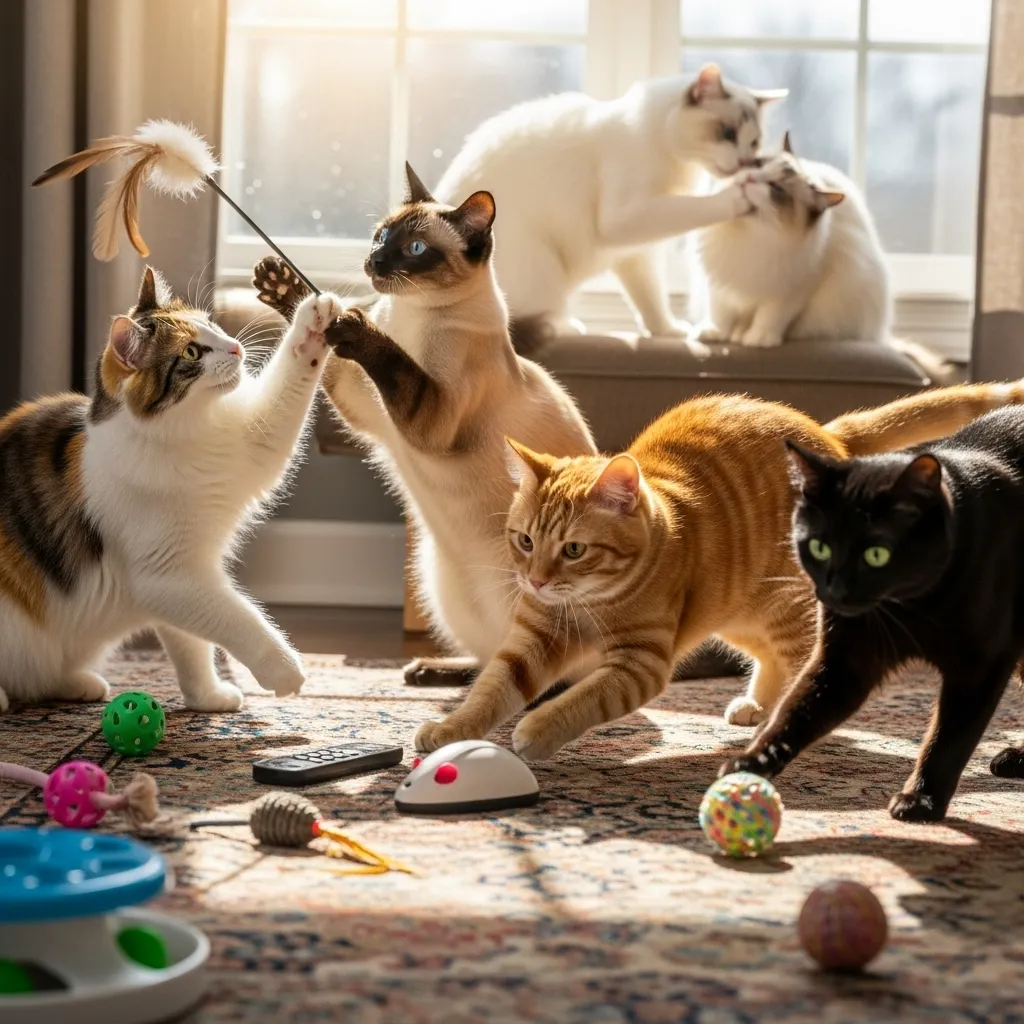  Multiple cats engaging in gentle play, showing positive interactions in shared spaces.