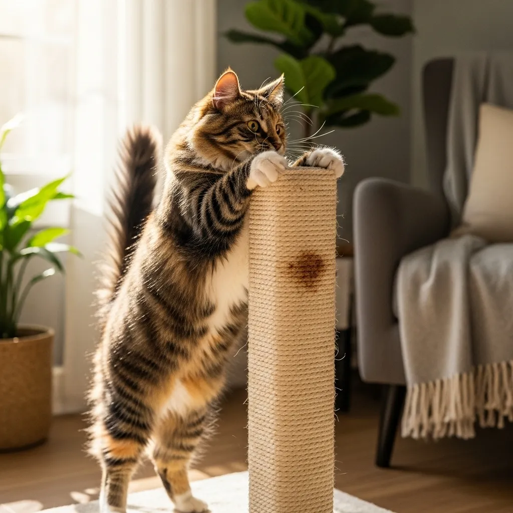Cat using a scratching post, a natural way to mark territory and reduce stress.