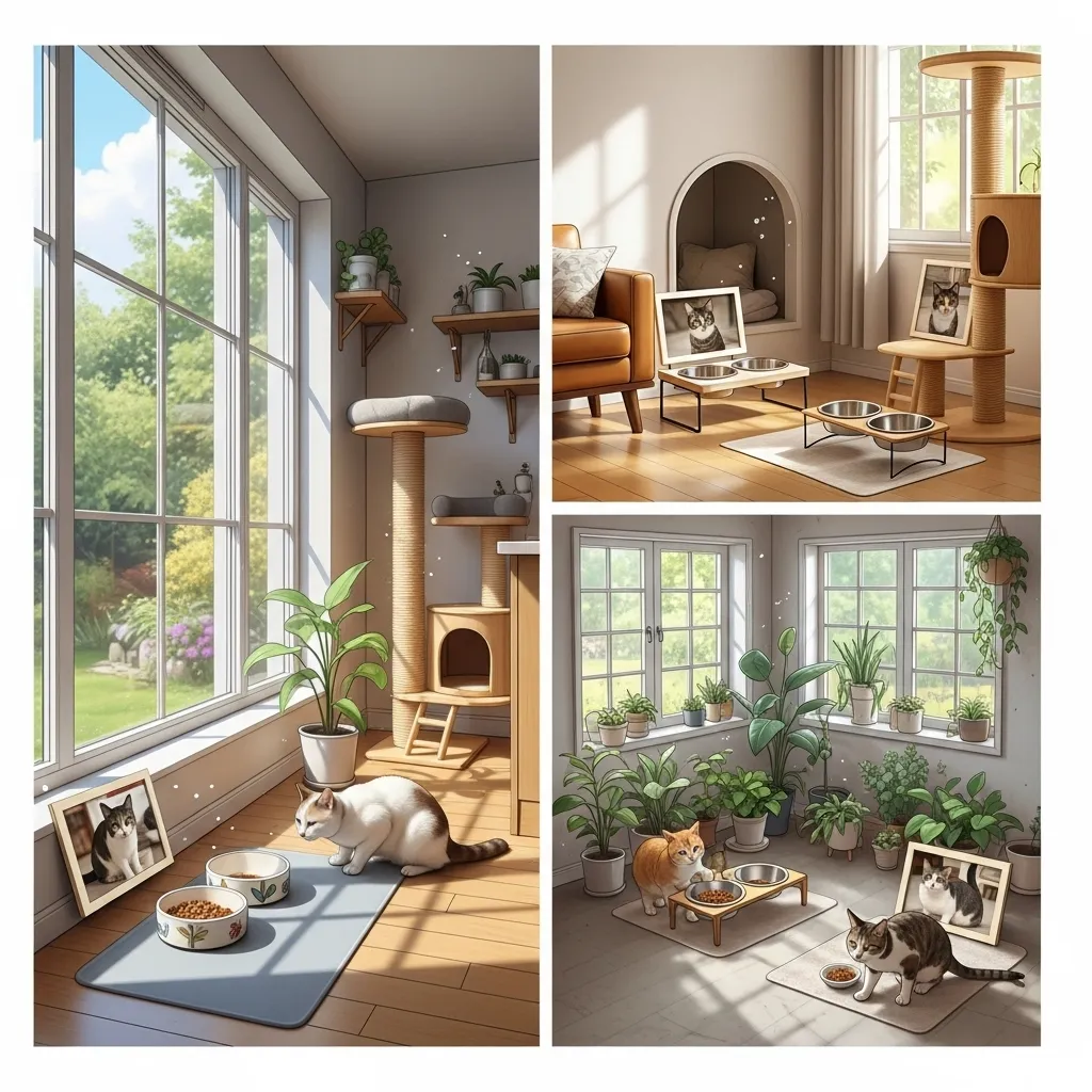 Multiple feeding areas set up for cats in a home to avoid resource competition.