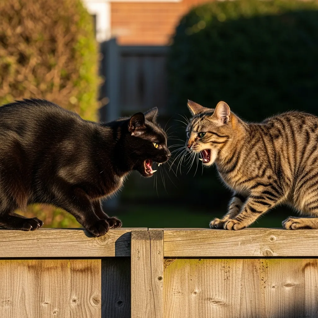 Two cats displaying signs of conflict, such as hissing and arched backs, in a shared space.