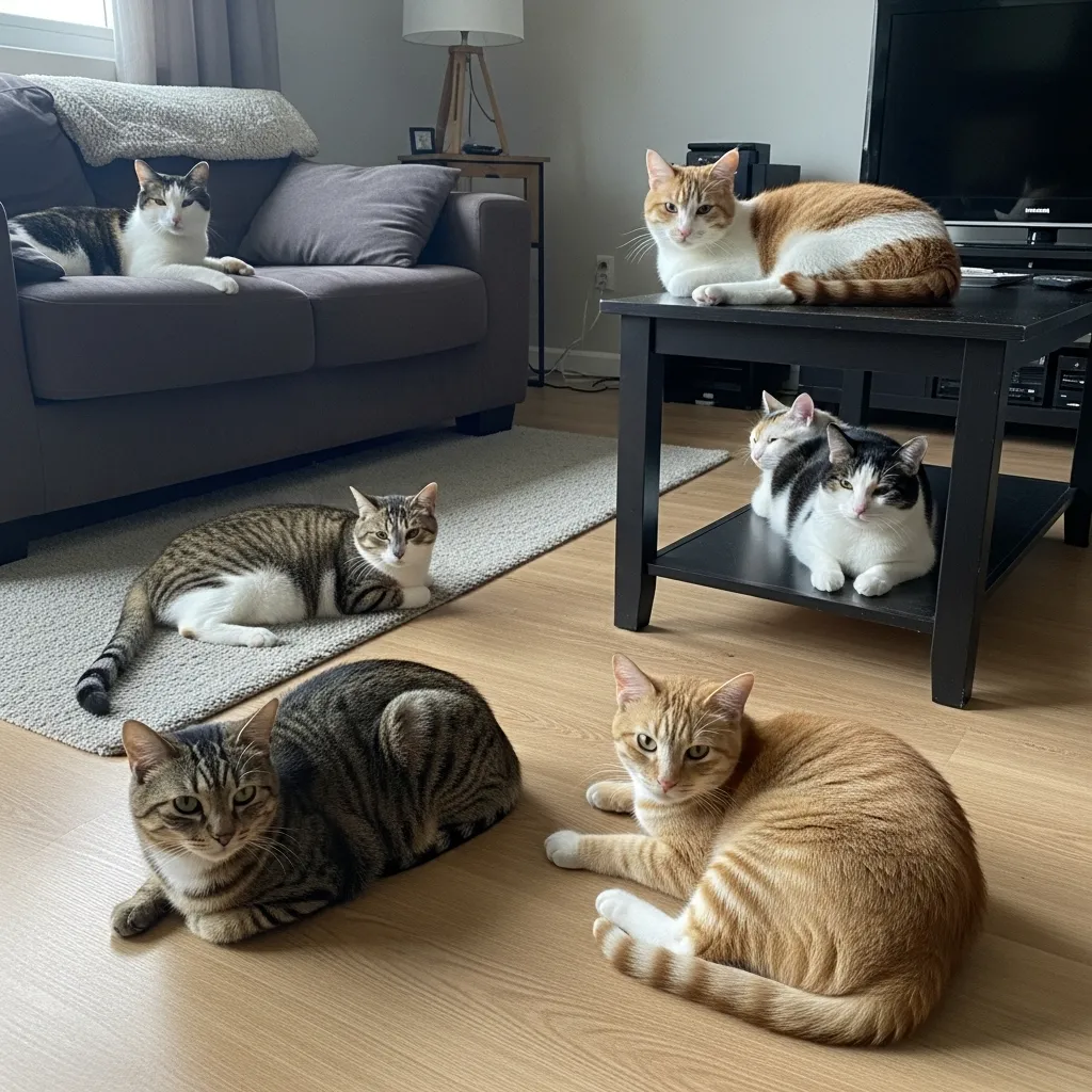  Several cats relaxing harmoniously in a shared home environment, demonstrating positive multi-cat dynamics.