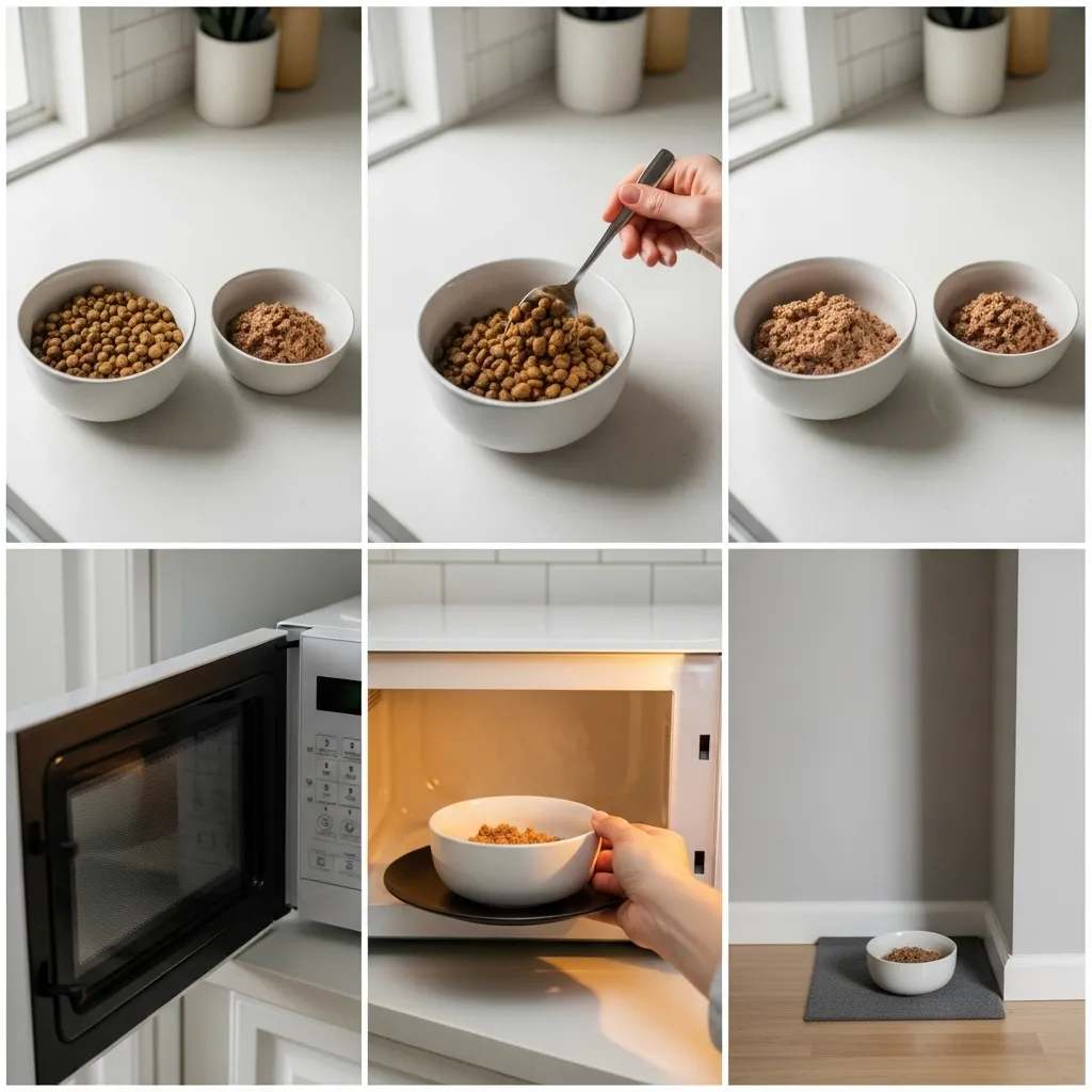 Step-by-step guide showing how to transition a cat to new food by mixing bowls, warming, and providing a quiet eating space.