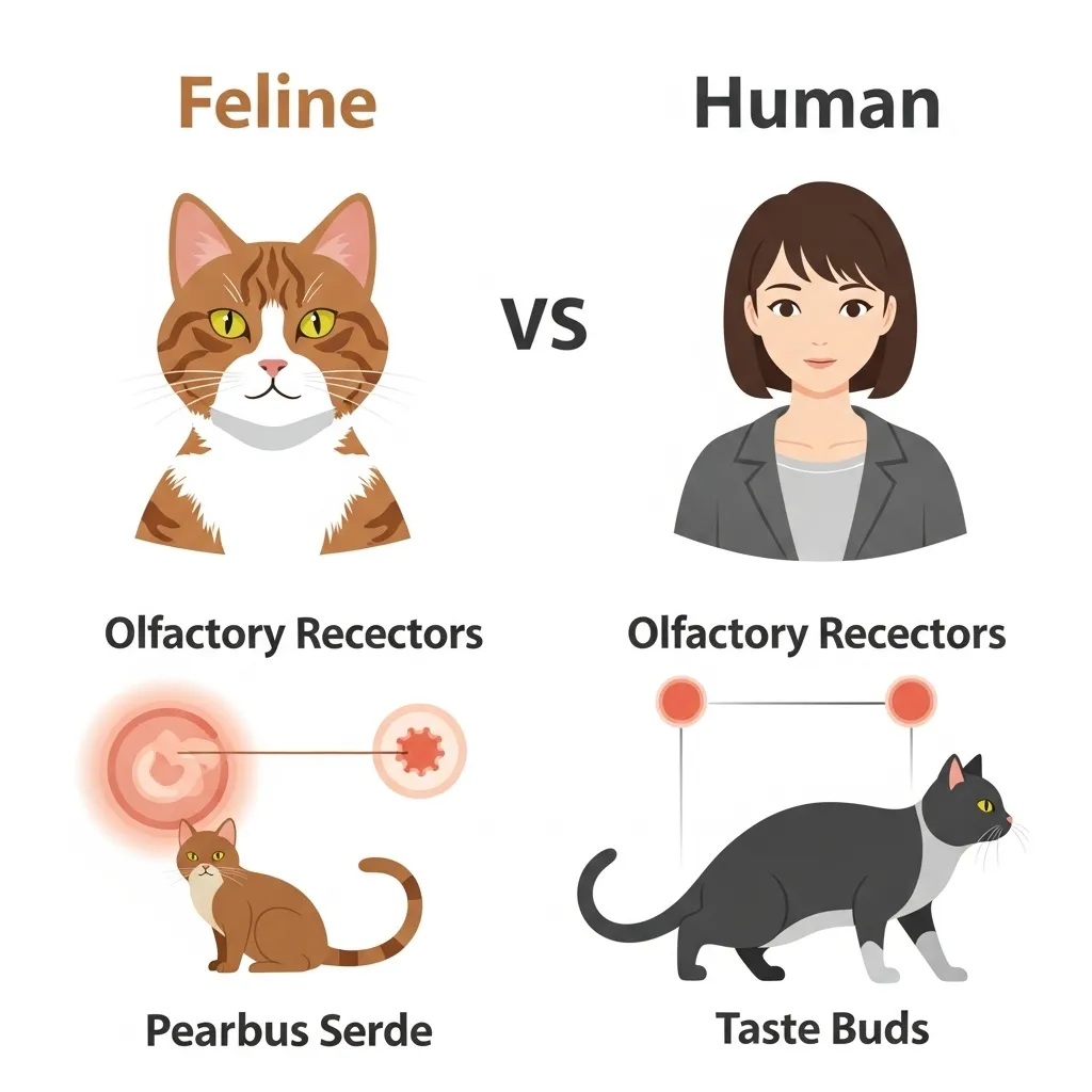 Infographic comparing cat and human senses: cat with 65 million smell receptors and 500 taste buds vs. human with 5 million smell receptors and 9,000 taste buds.Decoding the Reaction Spectrum: Fr