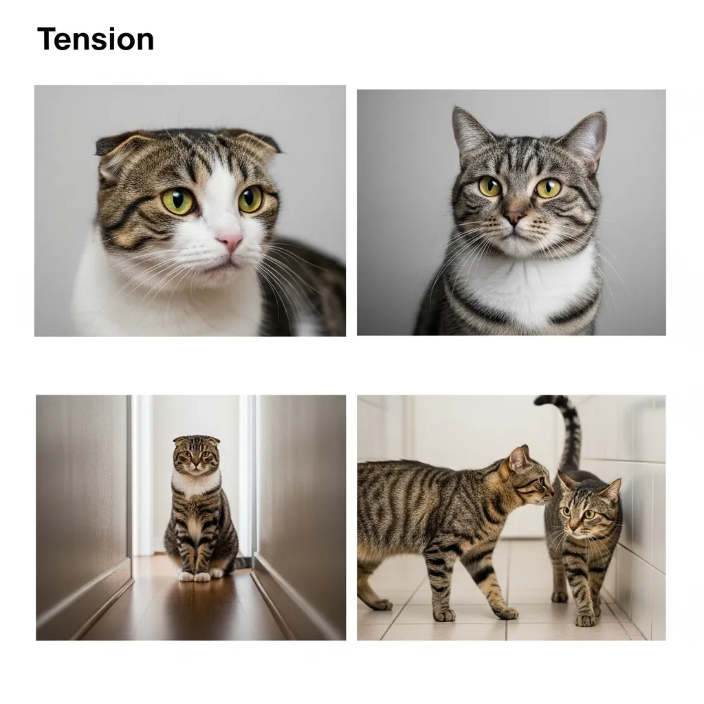 Visual guide comparing tense versus harmonious cat body language in multi-cat households.