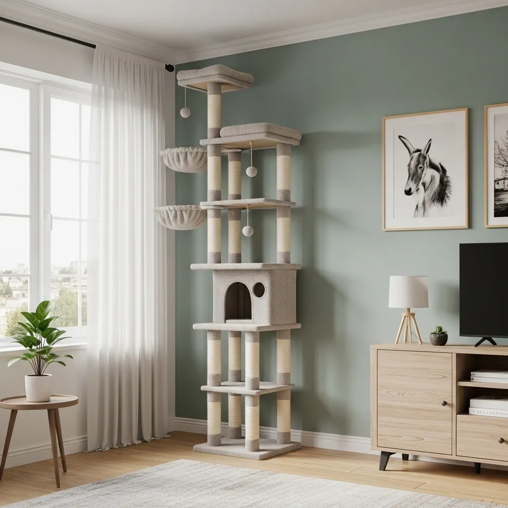 Annotated photo of a cat-friendly living room design showing resource distribution and vertical space for multi-cat harmony.