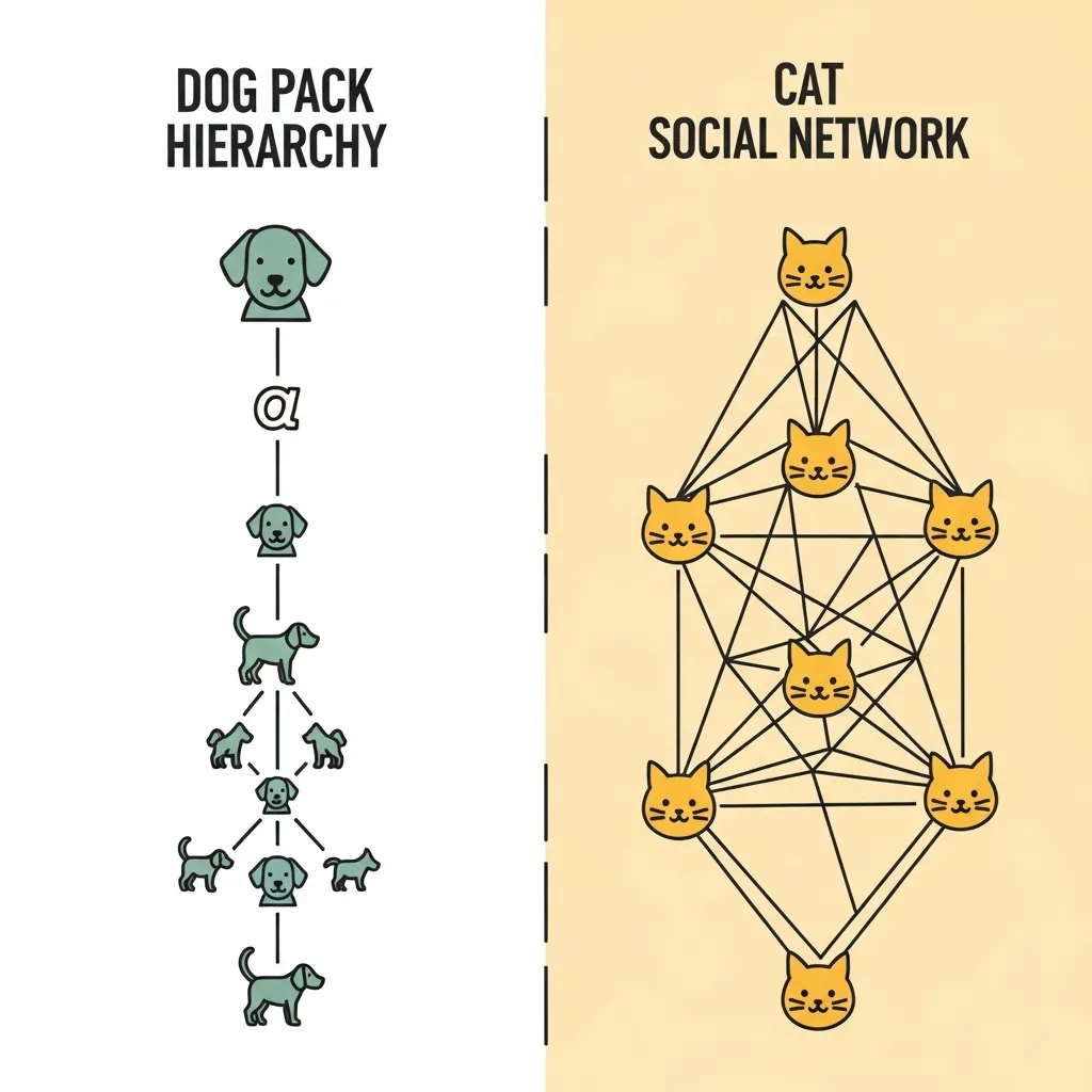Diagram comparing dog pack structure versus cat colony social network structure.