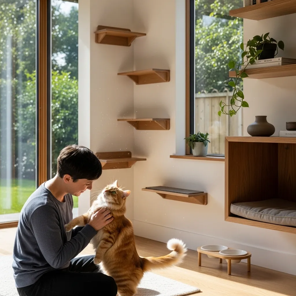 Harmonious modern relationship between cat guardian and content feline in enriched home environment.