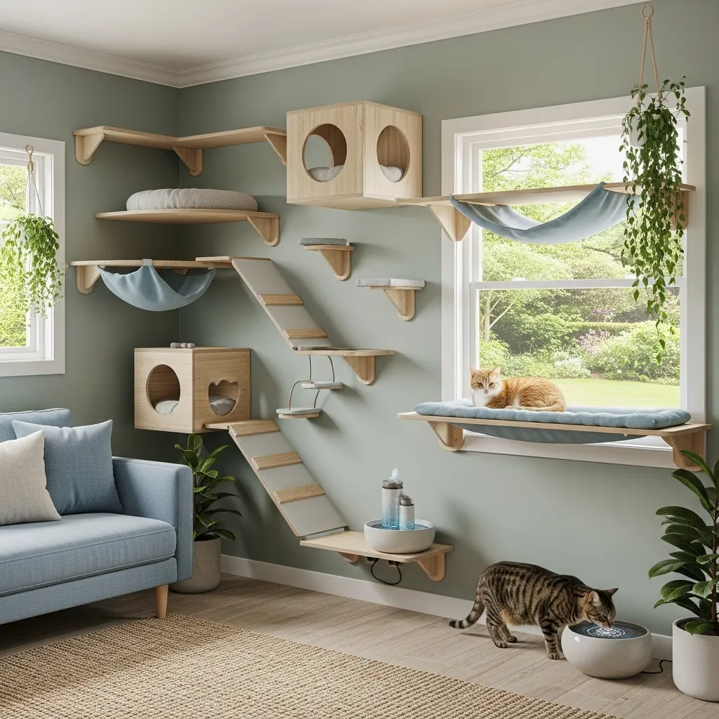 Holistic cat environment with vertical space, hiding areas, and hydration station.