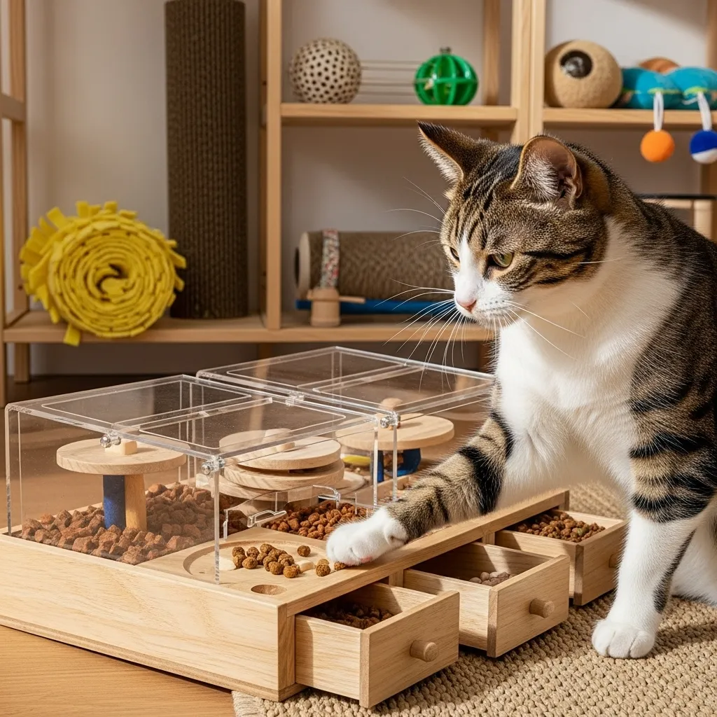 Cat solving modern puzzle feeder for cognitive enrichment.