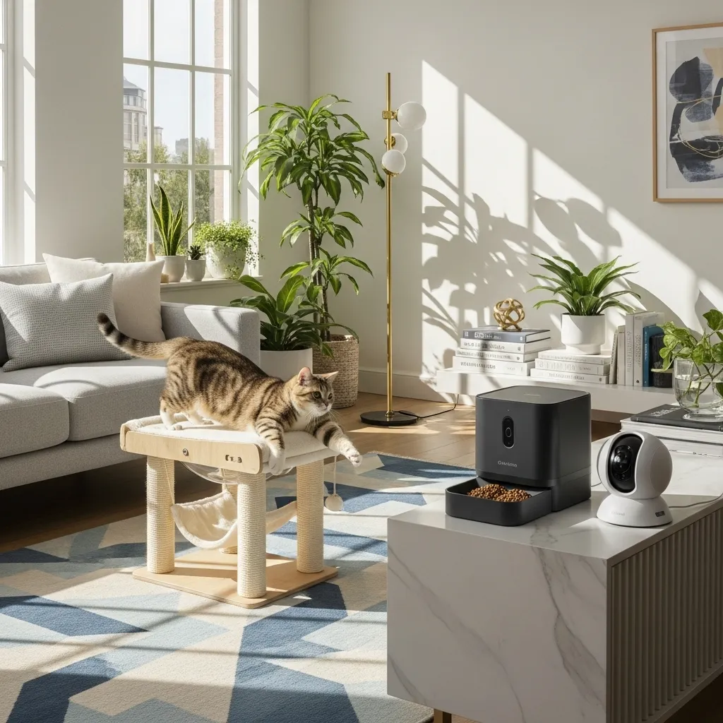Modern cat care setup integrating technology and design in a contemporary home.