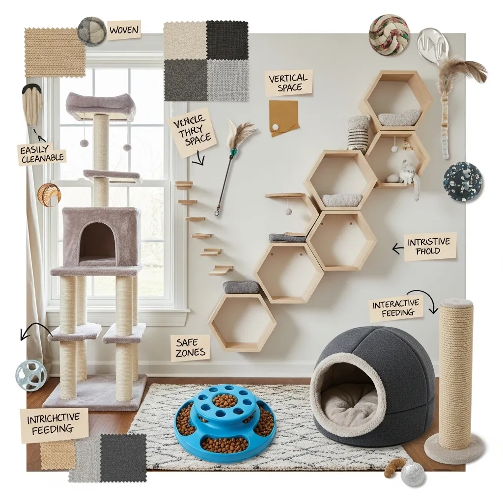 A collage of cat enrichment products set up in a modern living room, demonstrating vertical space, puzzle feeders, and cozy resting areas. veterinary