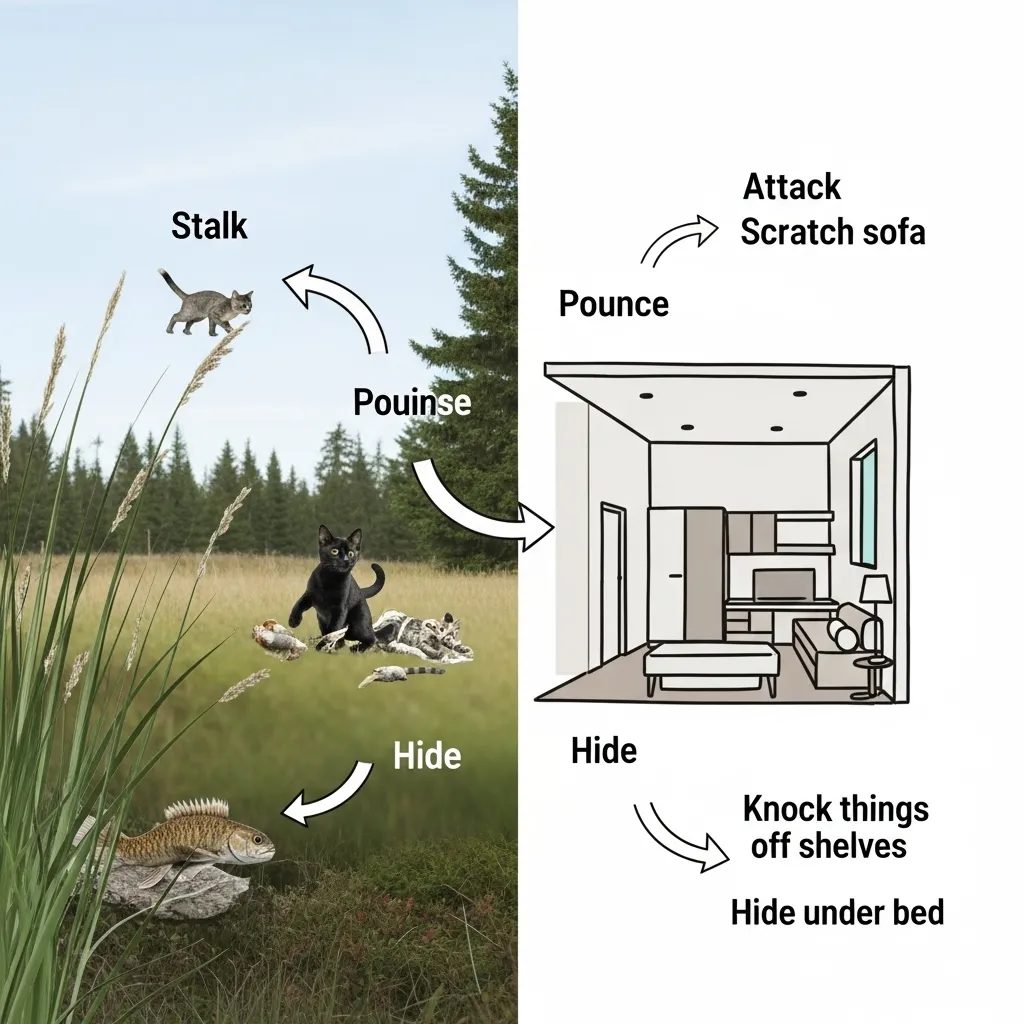 A comparison infographic showing how a cat's natural instincts translate to common behaviors in the modern indoor environment.