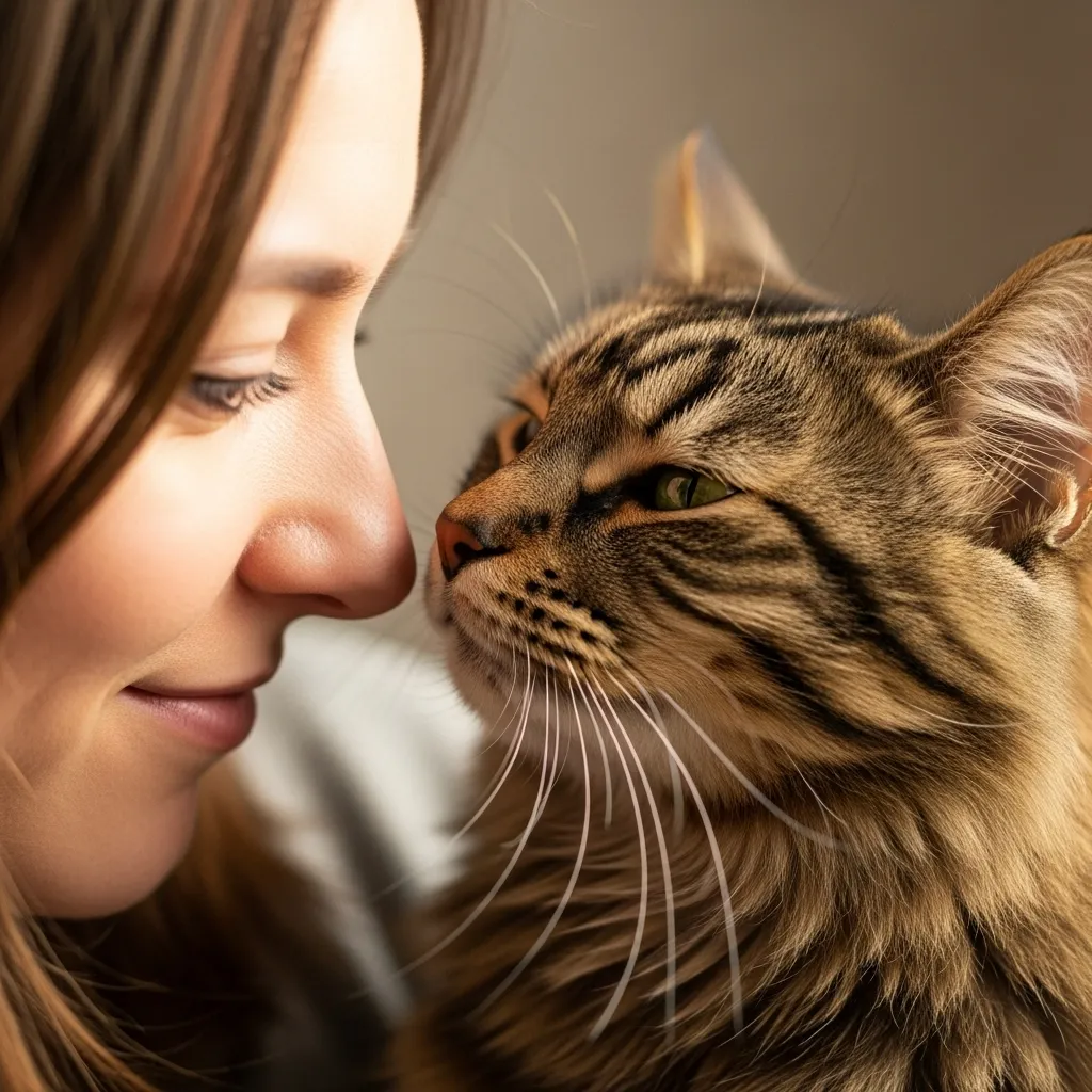 Owner and cat sharing a slow blink to express mutual trust.