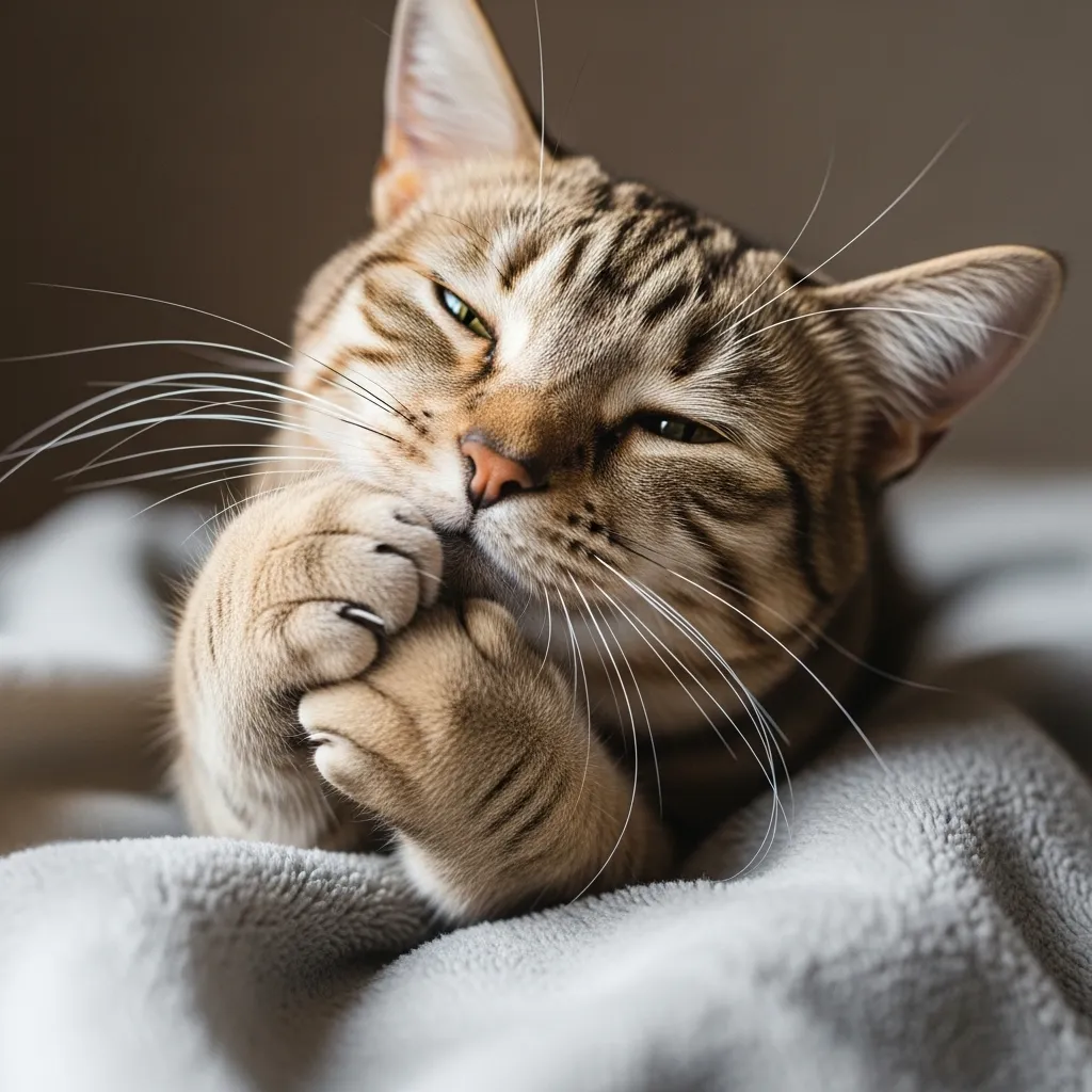 Cat kneading blanket, showing contentment and comfort from kittenhood behavior.