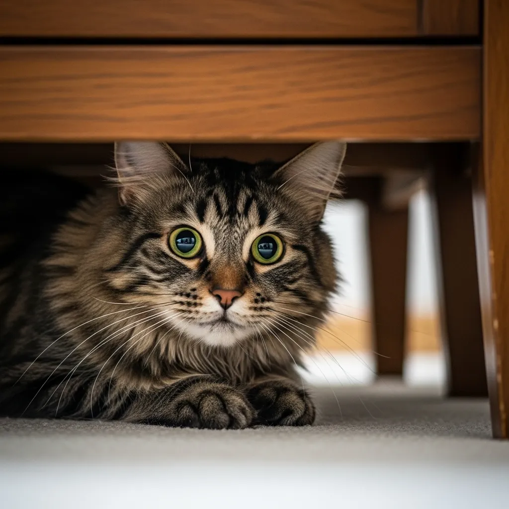 Stressed cat hiding with dilated pupils, a subtle sign of anxiety.