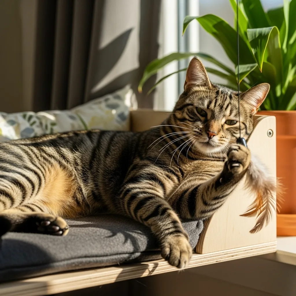 Happy cat enjoying a window perch with toy for enrichment.