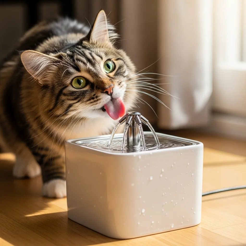 Cat drinking from fountain to stay hydrated and healthy.