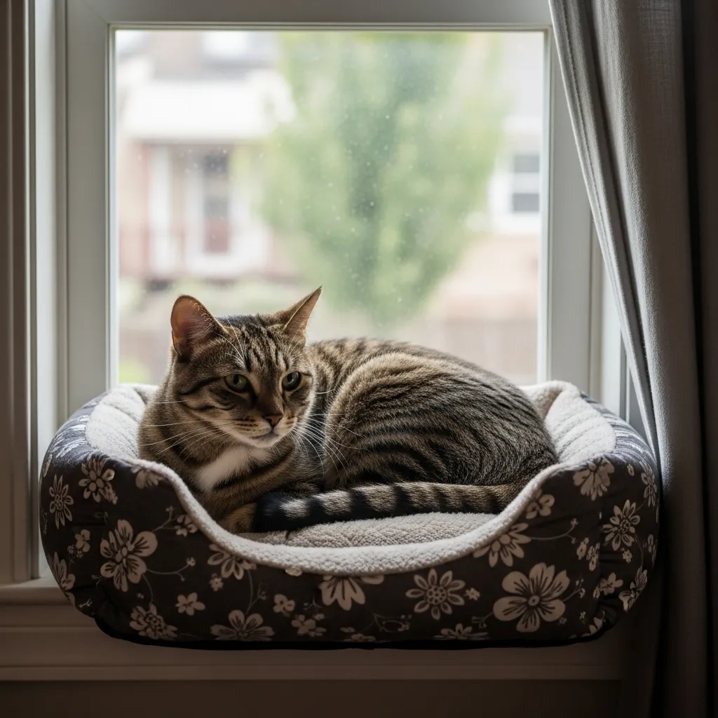 Cozy window bed helping cat relax and observe.