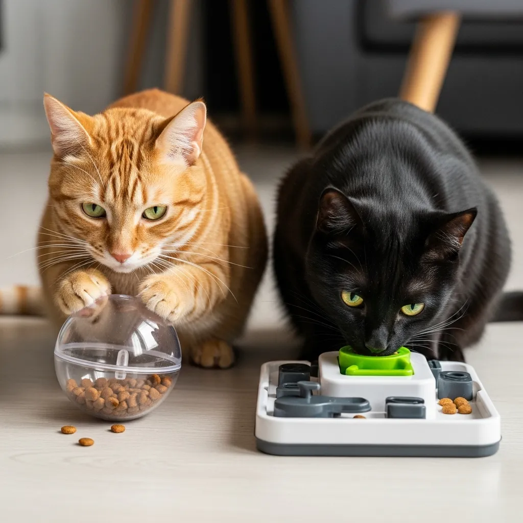 Cats mentally stimulated by puzzle feeders during mealtime.