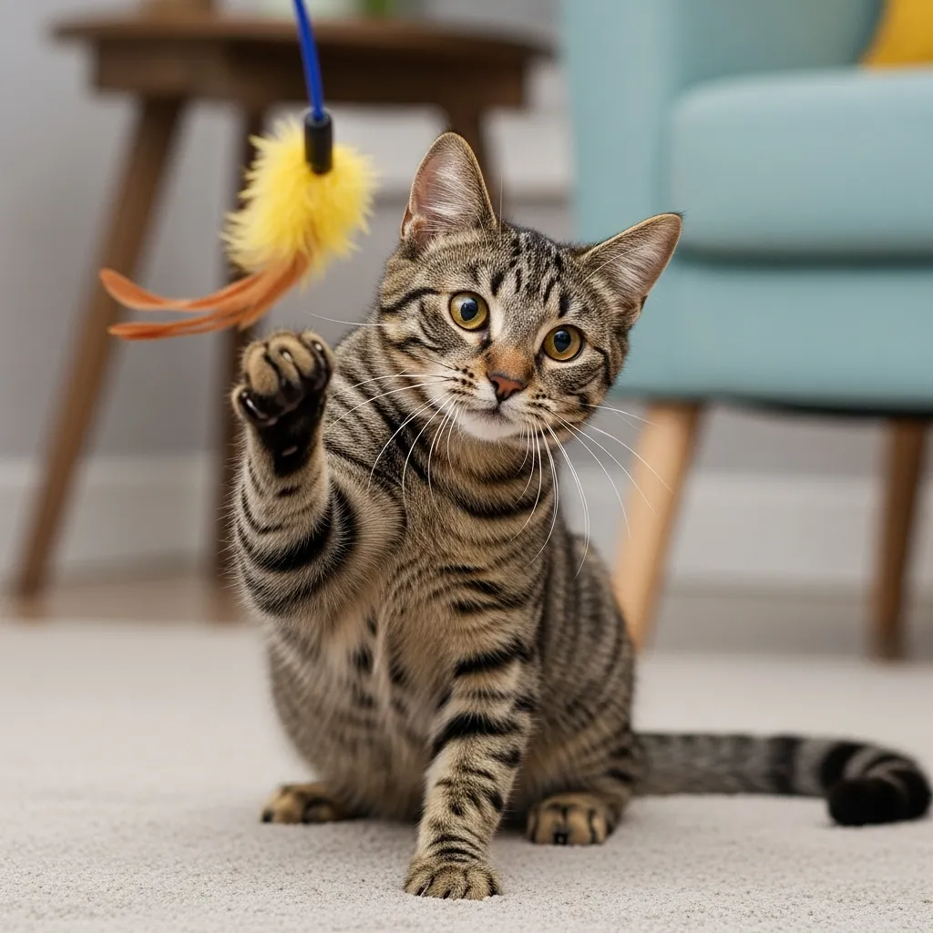  Playful cat engaging with a toy, demonstrating joy in a positive training environment.