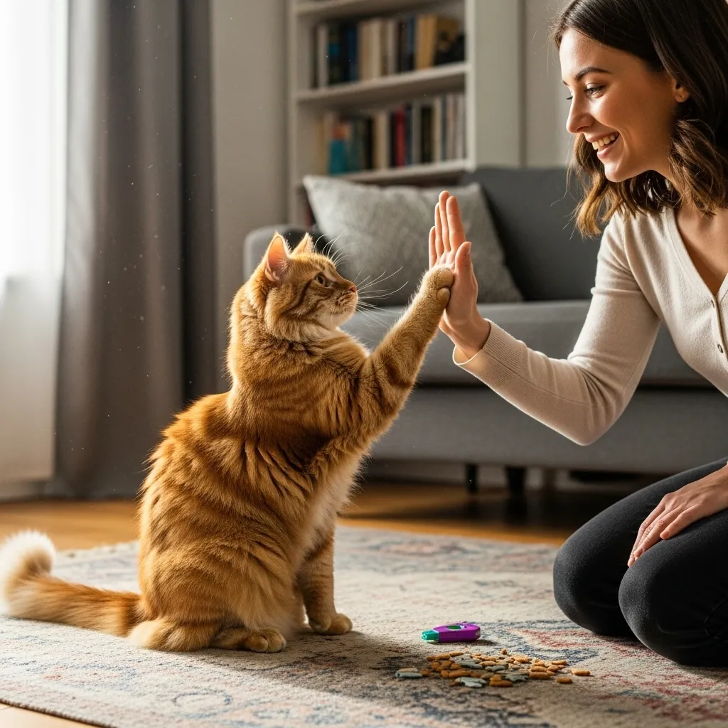 Cat giving a high five to owner, illustrating successful positive reinforcement trick training