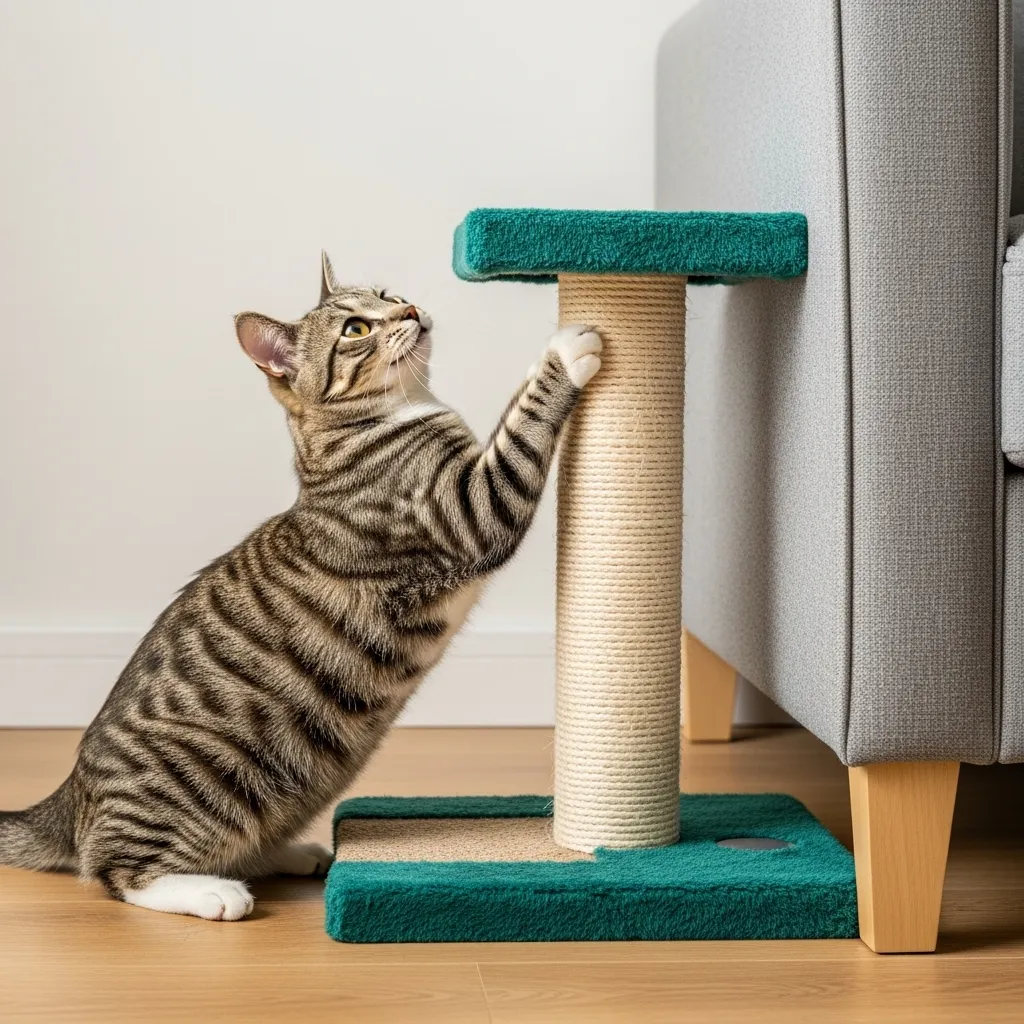  Cat happily scratching a dedicated post next to furniture, showing effective redirection.