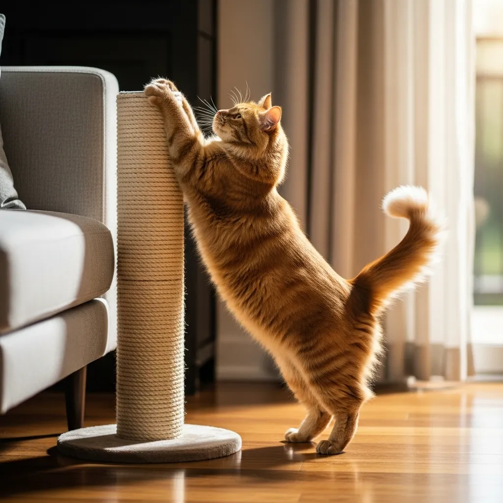 Redirected scratching behavior – cat using proper post instead of sofa.