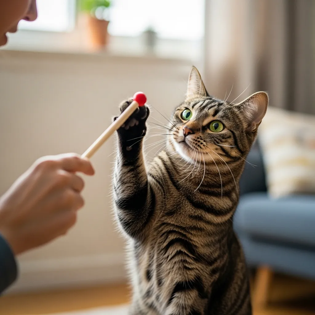Cat successfully performing high-five trick using clicker training.