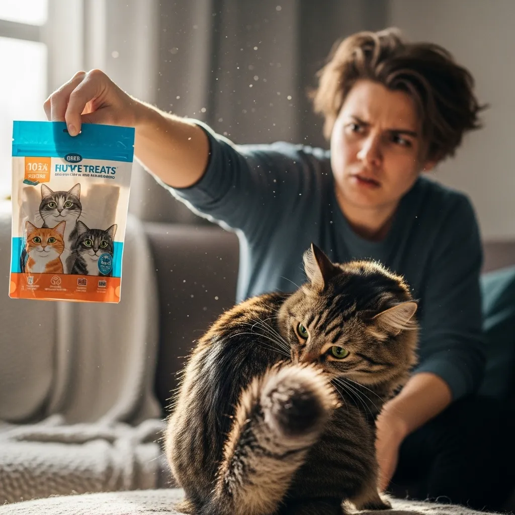 Cat owner attempting training with treats, showing common frustration in early stages.