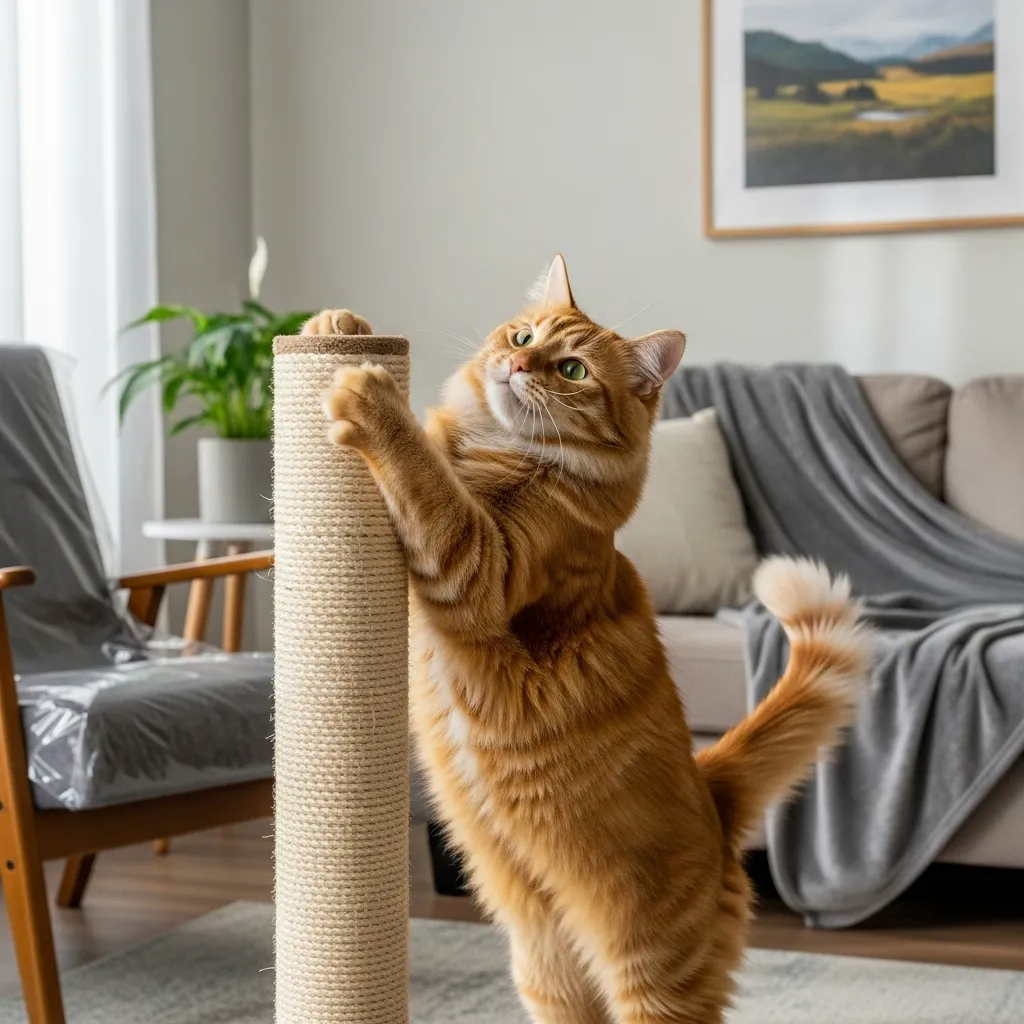 Cat using a proper scratching post instead of furniture.