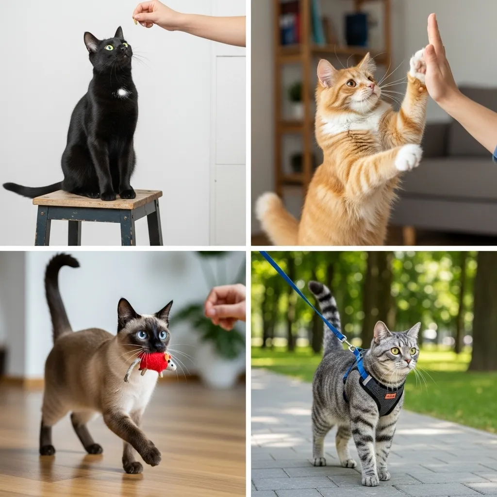 Examples of trained cats performing commands like sit, high-five, fetch, and leash walking.