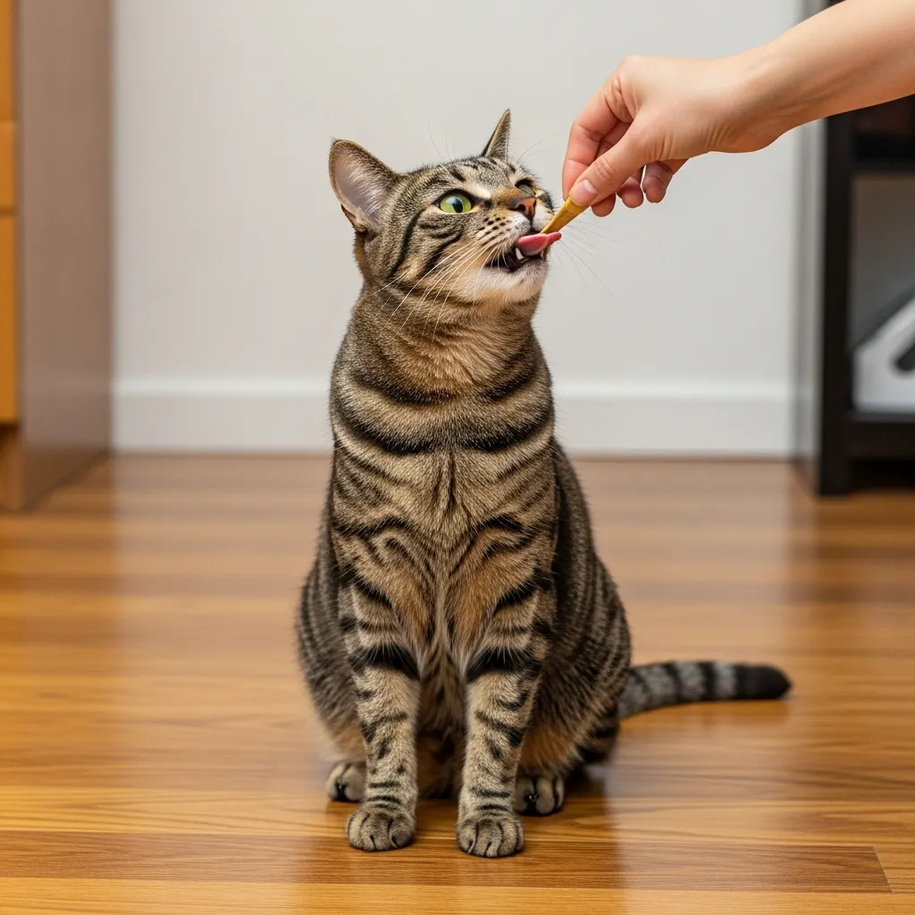 Step-by-step illustration of training a cat to sit using positive reinforcement with treats.