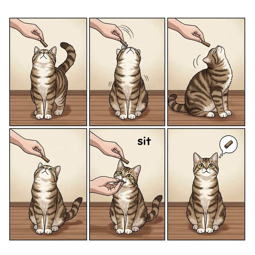 Visual guide to training cat to sit using food motivation.