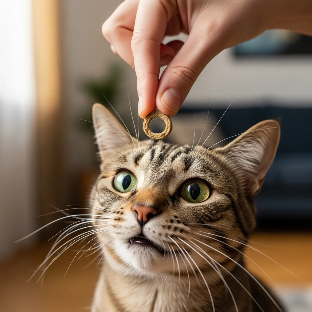 Cat responding to food motivation in training.