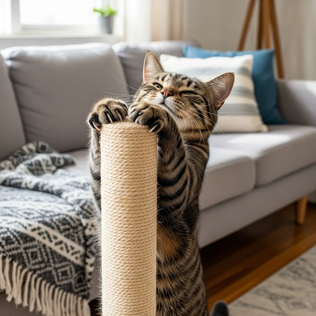 Cat using a proper scratching post instead of furniture.
Training Mistakes 