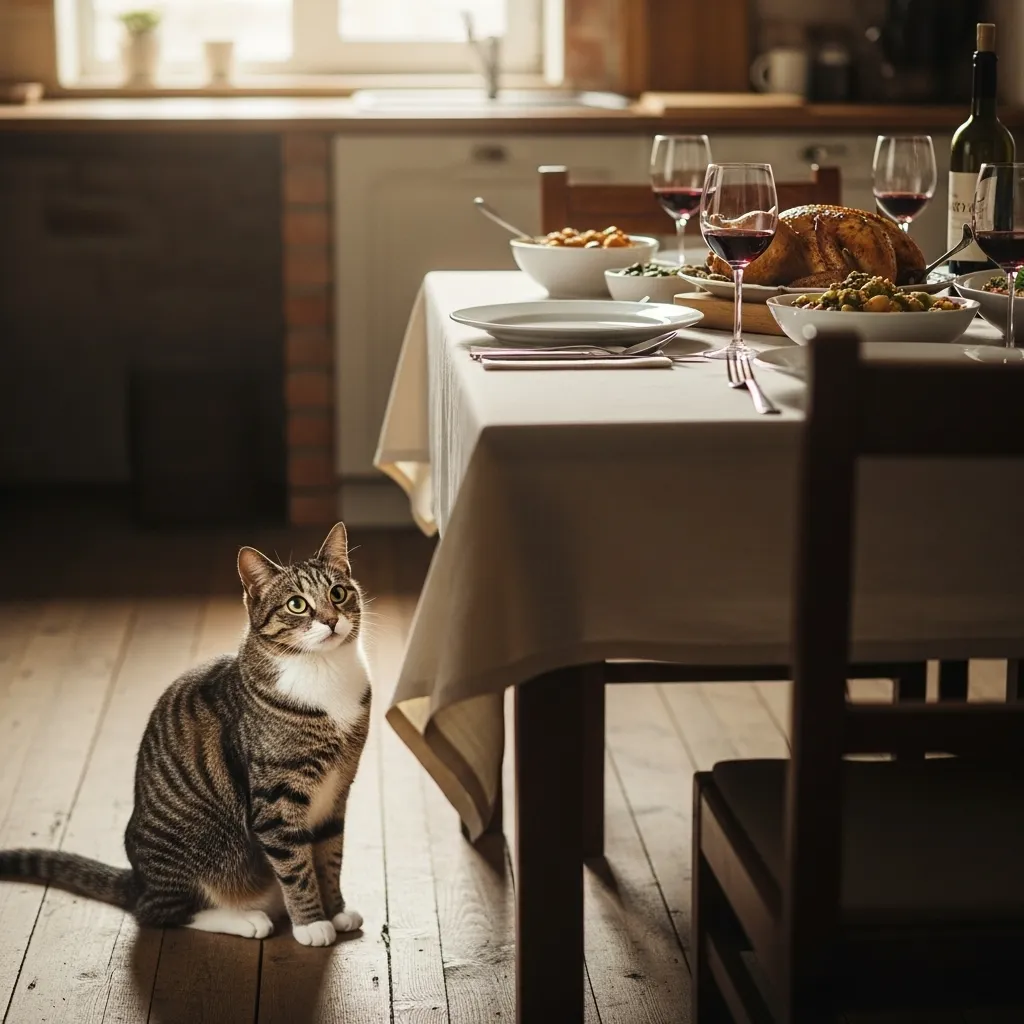 Cat waiting patiently on the floor instead of begging at the table. Training Mistakes 