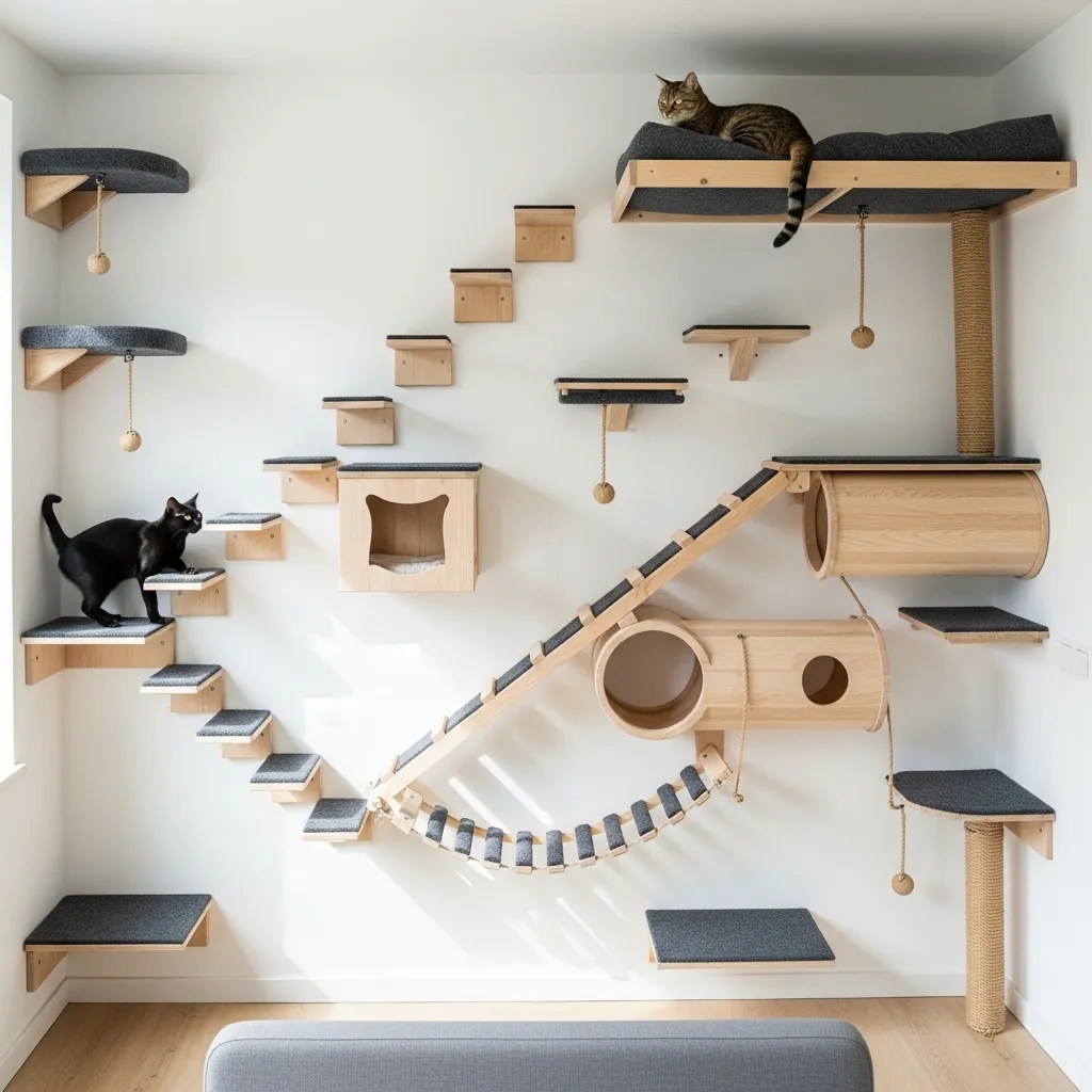 Vertical cat shelves creating safe climbing enrichment.