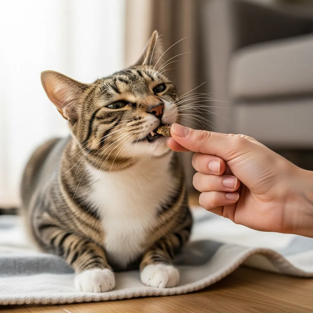 Rewarding cat for non-biting play behavior.]