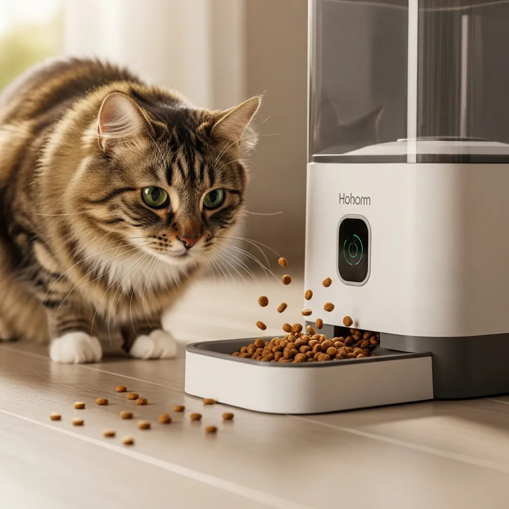 Cat adhering to feeding routine with auto feeder]