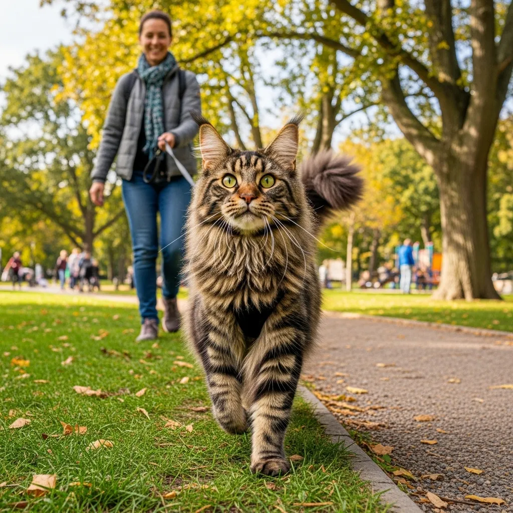Cat harness-trained for outdoor walks using professional positive reinforcement methods.