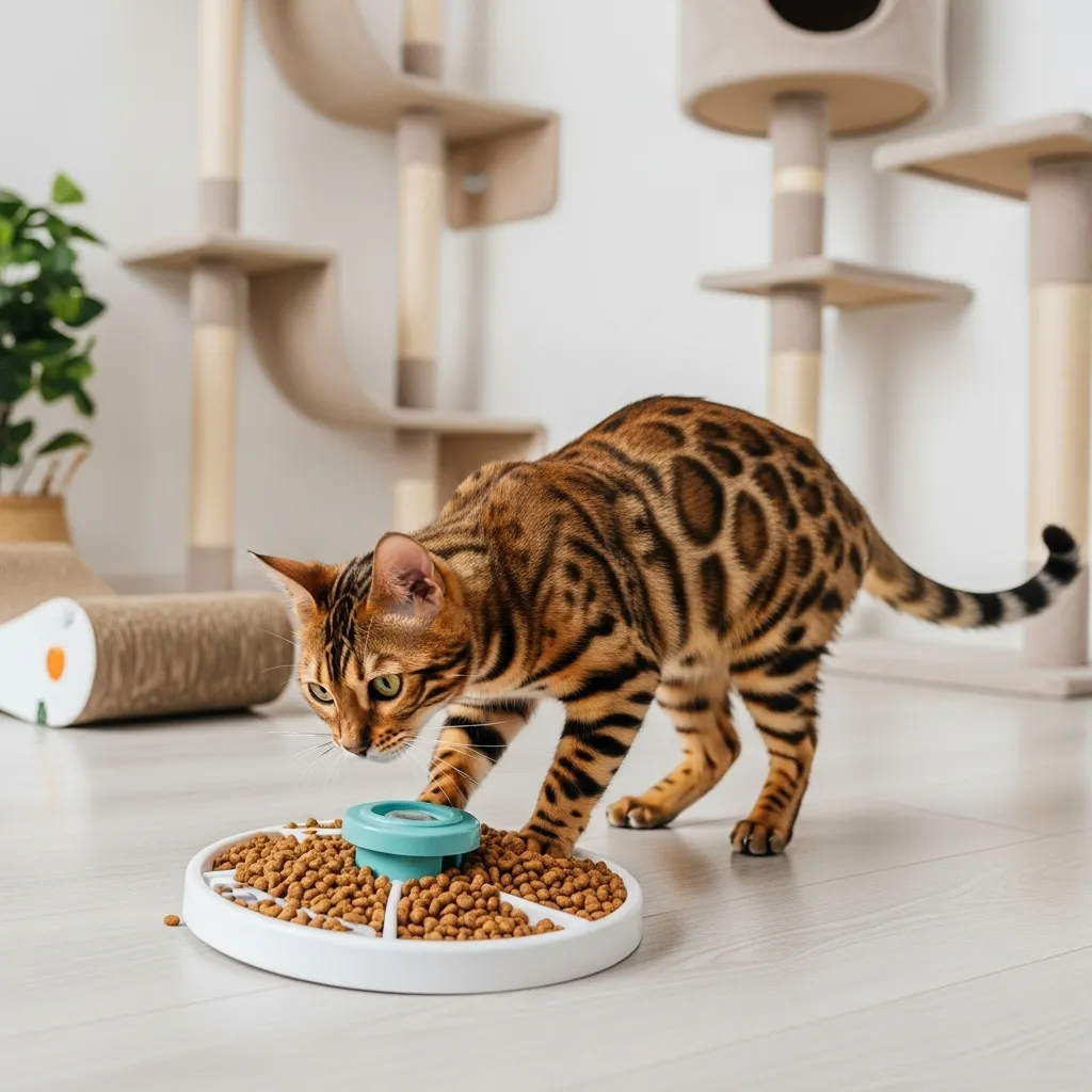 Cat engaging with puzzle feeder for mental stimulation and enrichment.