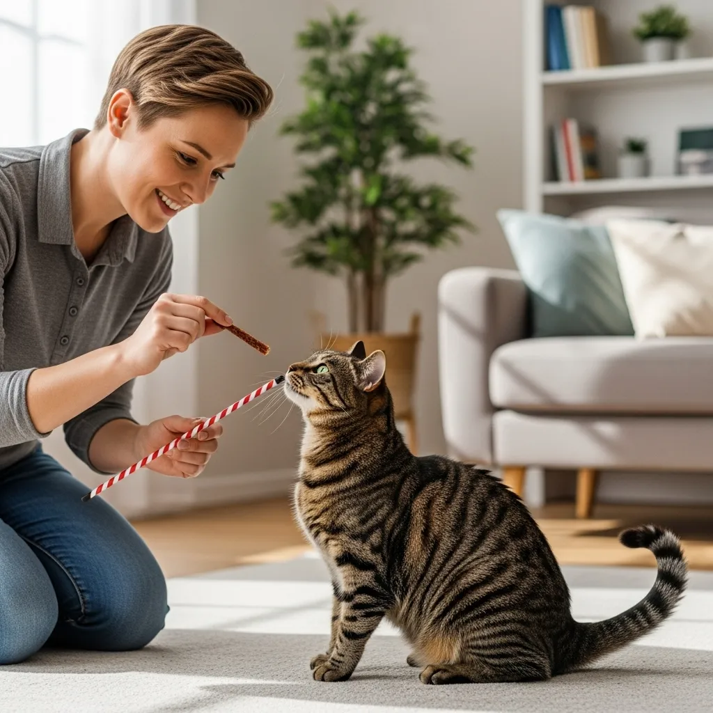 Professional cat trainer using positive reinforcement with a tabby cat during a Trainers  session.