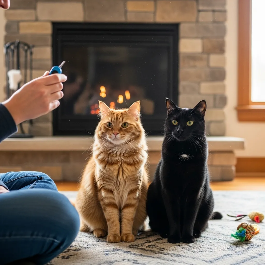 Positive reinforcement clicker training in multi-cat household to avoid conflict.