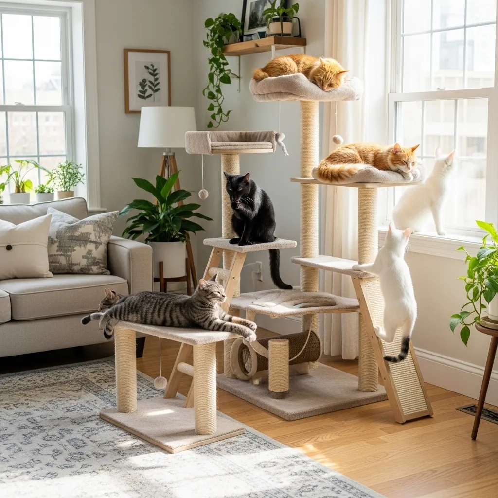 Environmental enrichment using vertical spaces in multi-cat household to prevent stress.