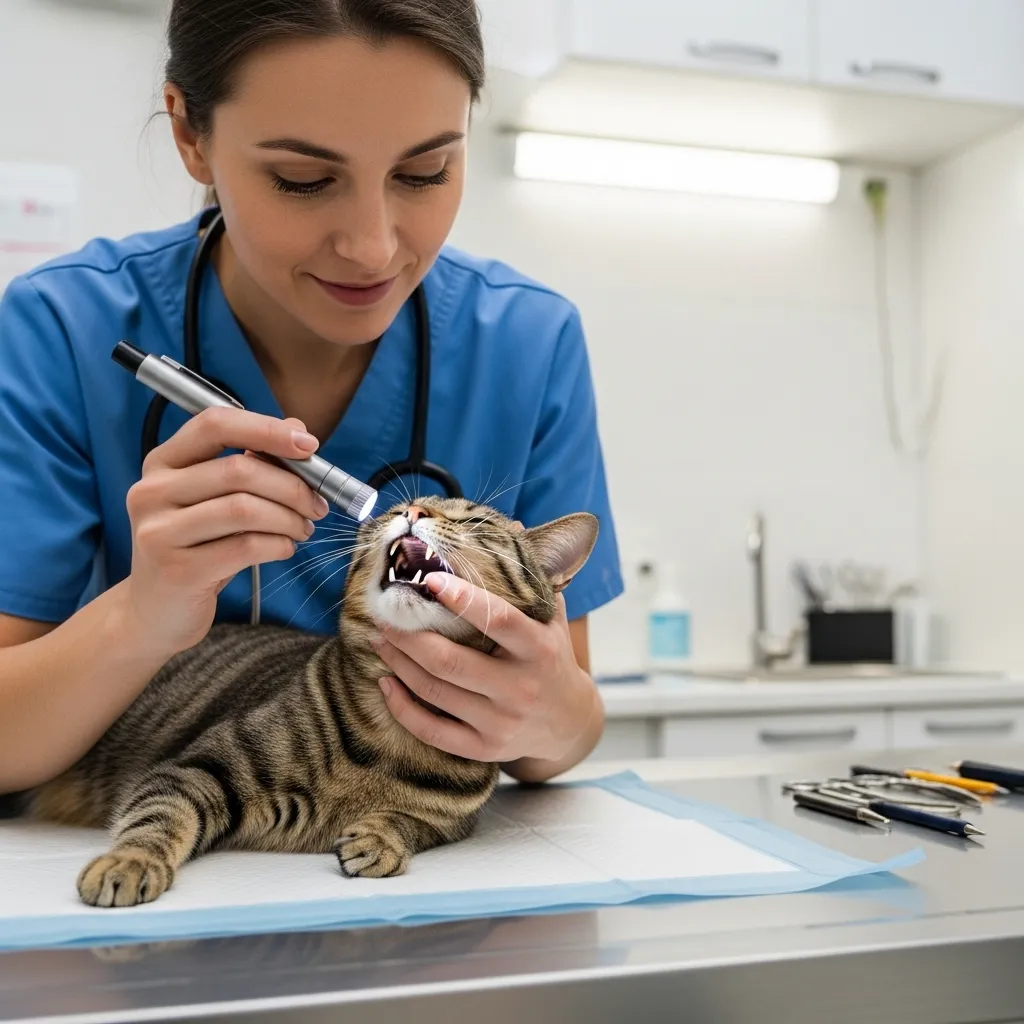 Vet performing oral exam on cat to check for dental issues causing food preference changes.