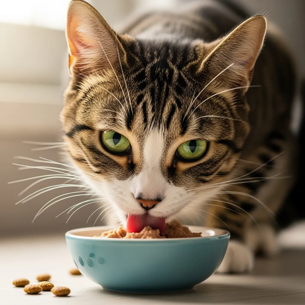  Cat enjoying wet food, highlighting strong aroma and soft texture preferences.
