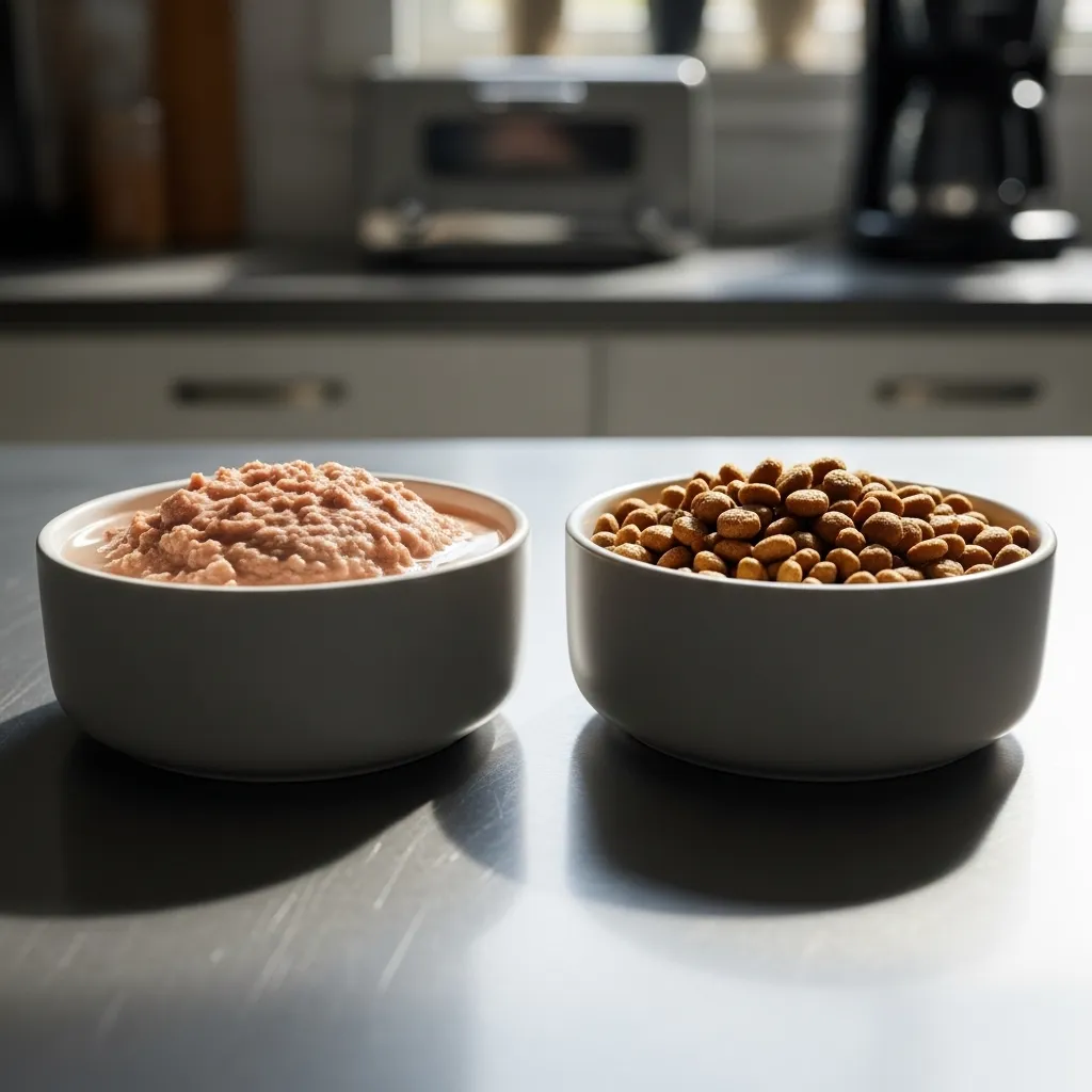 Side-by-side comparison of wet cat food (left) and dry kibble (right) in bowls"; "Canned wet cat food next to dry kibble for visual texture difference