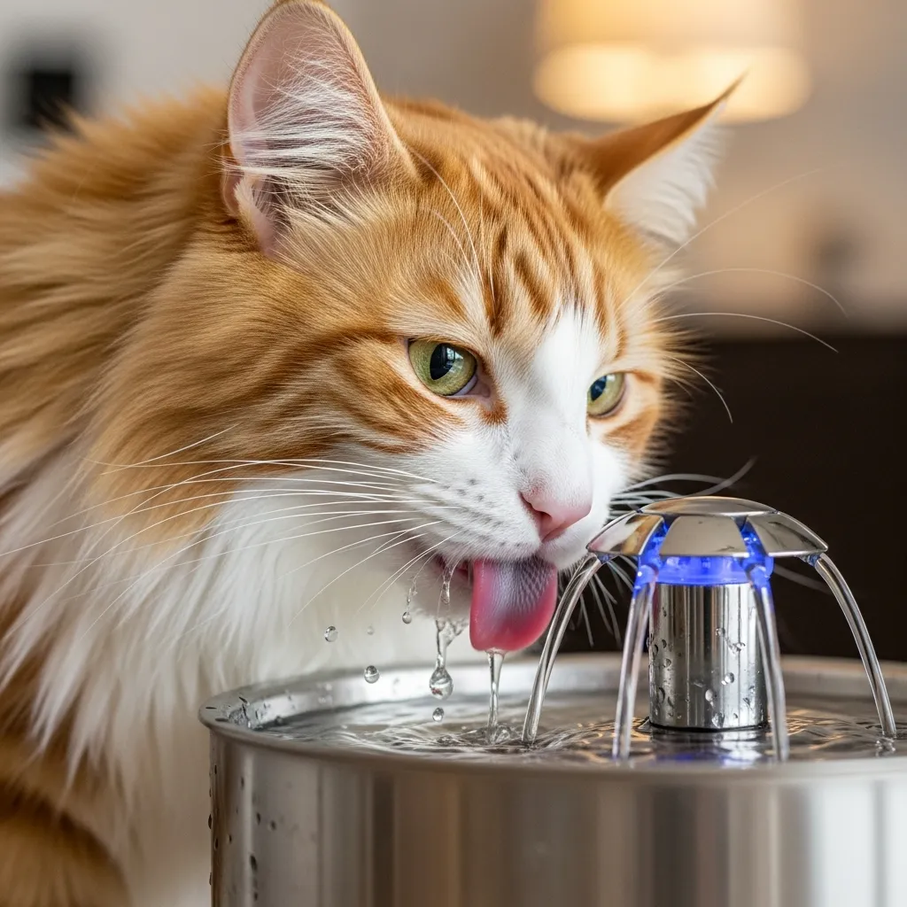 "Cat staying hydrated by drinking from a water fountain"; "Close-up of cat lapping water from circulating fountain for better hydration"; "Cat preferring running water to encourage drinking.